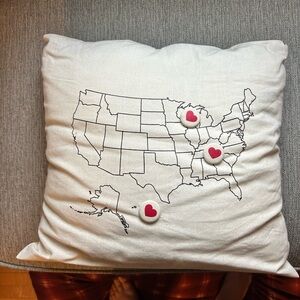 USA Map Pillow with Removable Red Heart Accent Pins